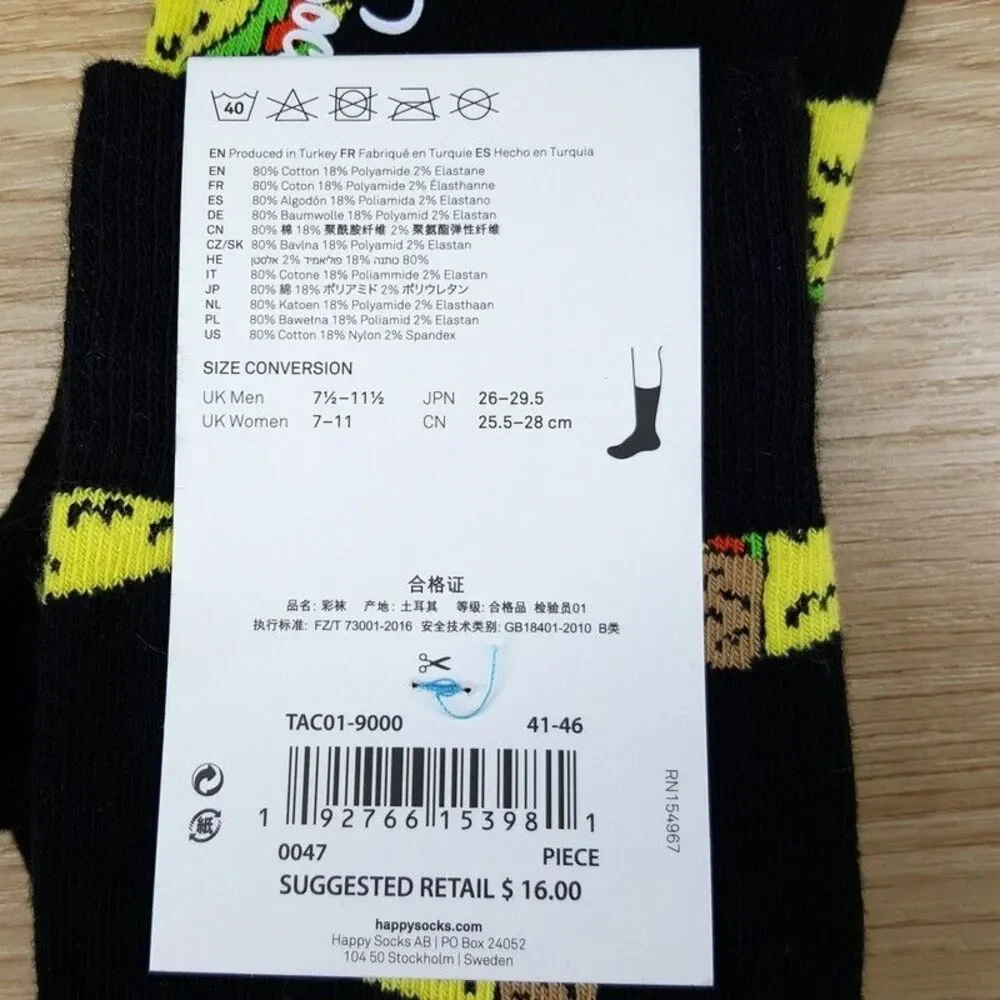 HAPPY SOCKS Crew Dress Socks Black Taco Tacos Combed Cotton